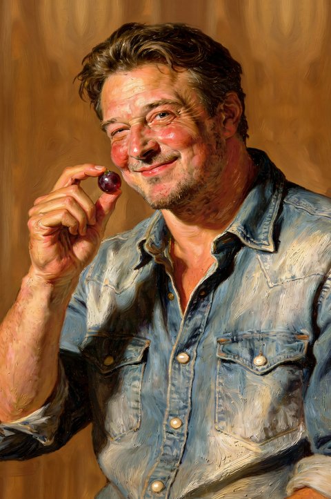 Gerald, a cheerful man in a denim shirt holding a single grape