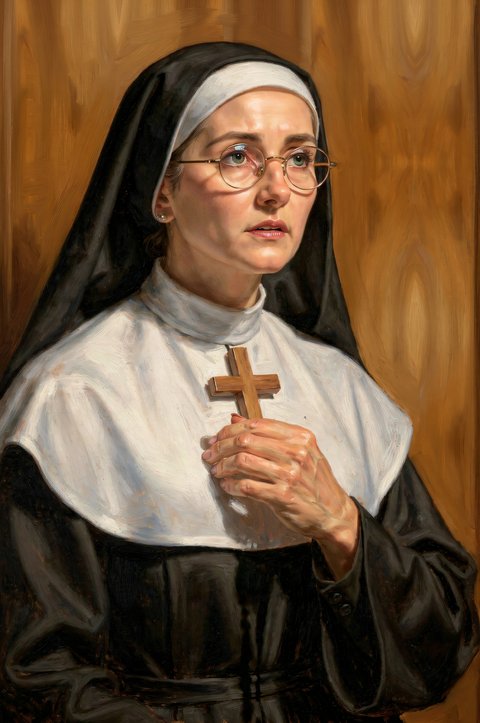 Sister Mary, a nun with a conflicted expression