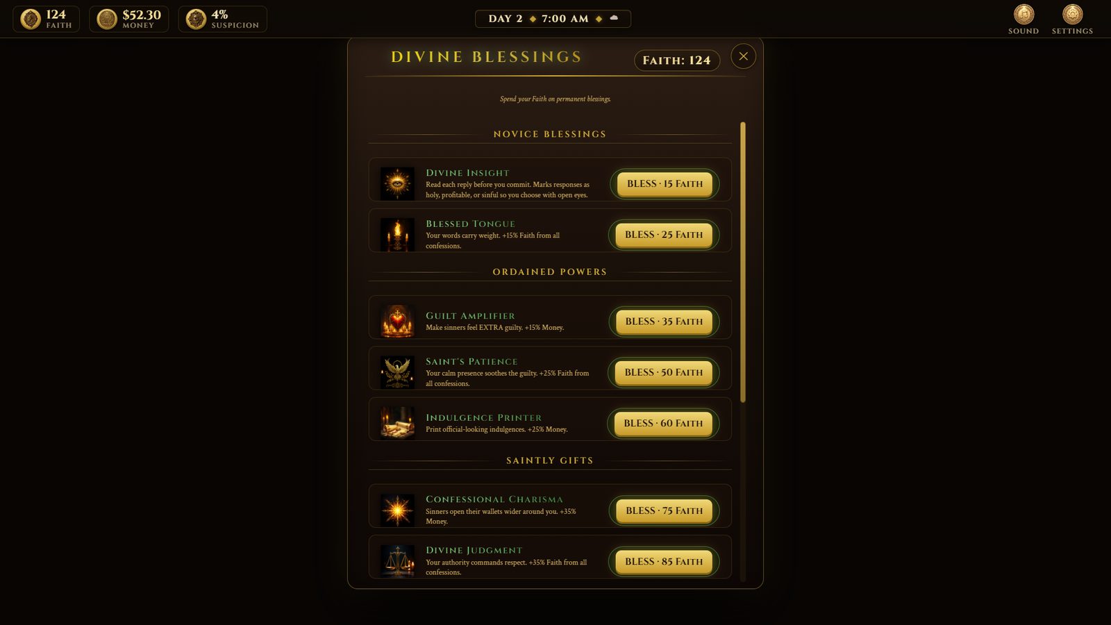 The Divine Blessings menu where Faith is spent on permanent powers