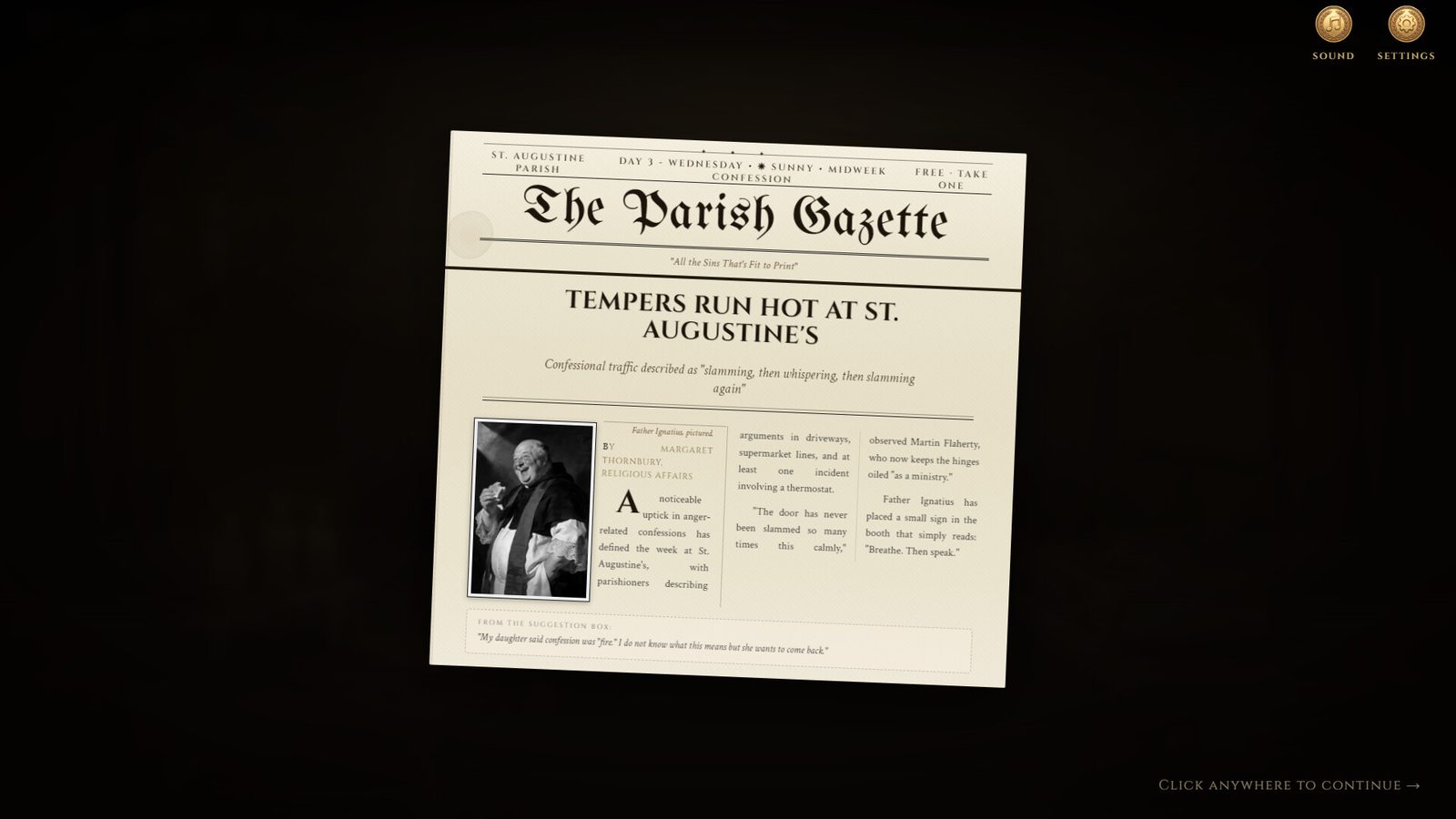 The Parish Gazette newspaper covering the week at the booth